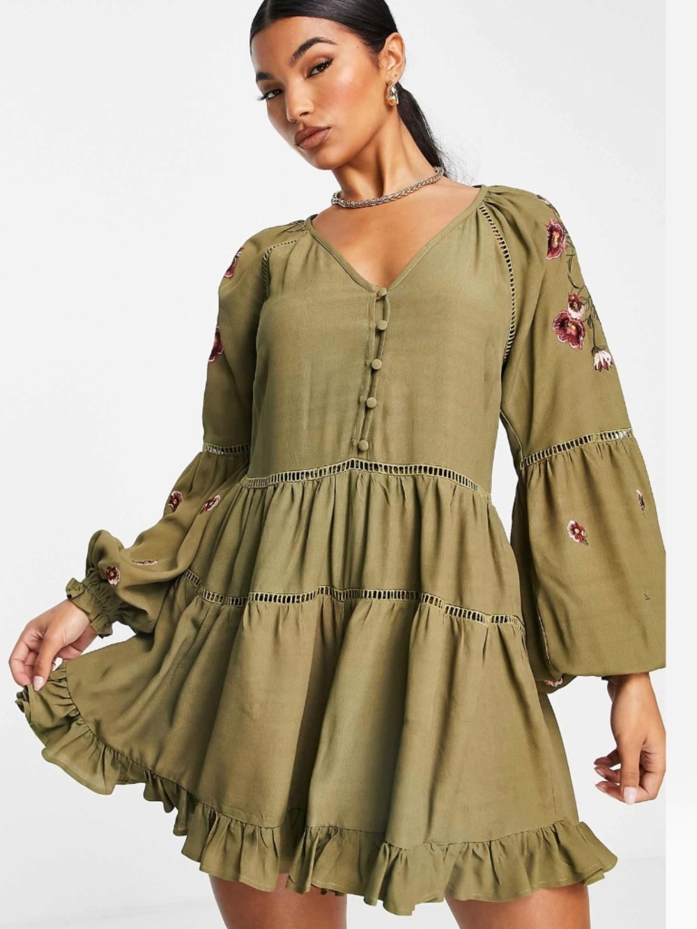 NWT ASOS DESIGN Lace Trim and Embroidered Long Sleeve Romper in khaki Size 14